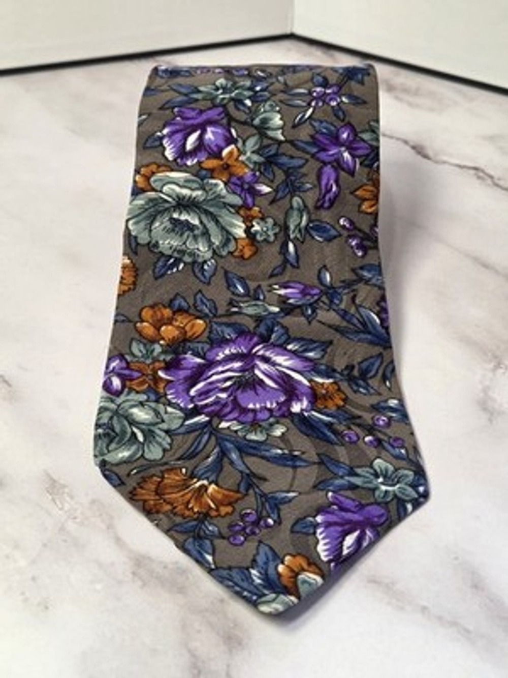 L"Atelier Floral Neck Tie Brown Purple Blue Orange Flower Print Men's Classic
